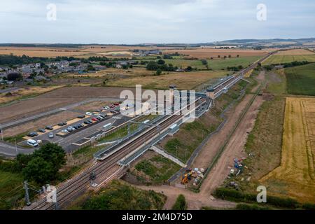 Aerial view of Reston Station, Scottish Borders region. Stock Photo