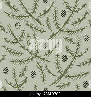 Seamless pattern with coniferous branches and cones. Evergreen twigs background. Stock Vector