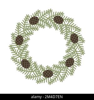 Christmas wreath with pine cones. Simple evergreen conifer ornament. Stock Vector