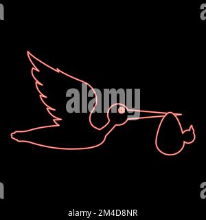Neon stork carries baby in bag Flying bird with kind in beak bundle icon black color vector illustration flat style simple image red color vector Stock Vector