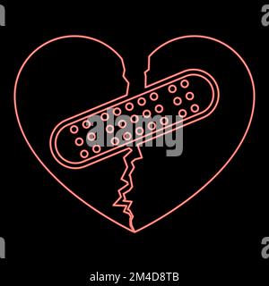 Neon heart with patch connecting two halves icon black color vector illustration flat style simple image red color vector illustration image flat Stock Vector