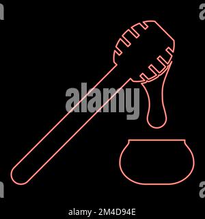 Neon honey drips from honey spoon into pot Stick with wooden and jar liquid nectar icon black color vector illustration flat style simple image red Stock Vector