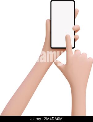 3d cute cartoon hand holding mobile smart phone and finger touching, pointing smartphone blank screen, scrolling, searching. Mockup, template Stock Vector