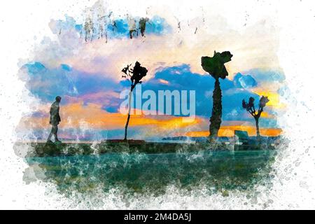 Watercolor art Silhouettes of people walking on the beach at sunset Stock Photo