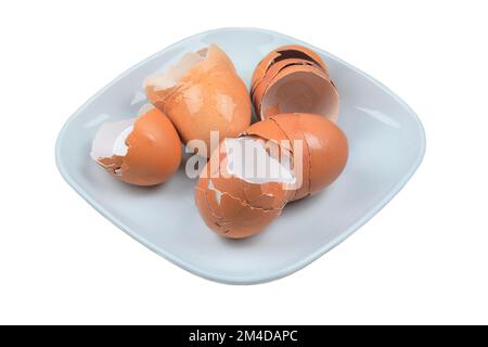 Shell of eggs in a plate on isolated on white background. Organic waste for compost. Stock Photo