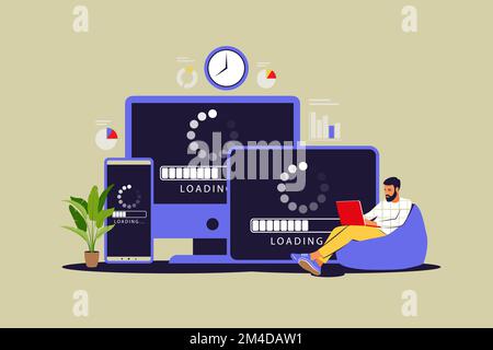 Update concept. Programmer upgrading operation system of computer. Vector illustration. Flat Stock Vector