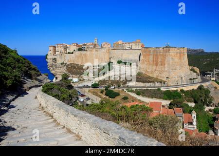 Panoramic view across the medieval citadel of Bonifacio on a beautiful summer morning in Bonifacio (Corse-du-Sud) on the island of Corsica, France Stock Photo