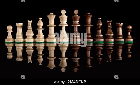 Line of wooden chess pieces isolated at background with transparent reflection on the floor Stock Photo