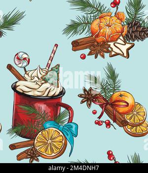 seamless holiday patterns of spices for tea and coffee: cinnamon, lemon, star anise, Christmas composition with cookies. Hand drawn composition with c Stock Vector