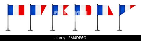 Realistic various French table flags on a black steel pole. Souvenir from France. Desk flag made of paper or fabric, shiny metal stand. Mockup for Stock Vector
