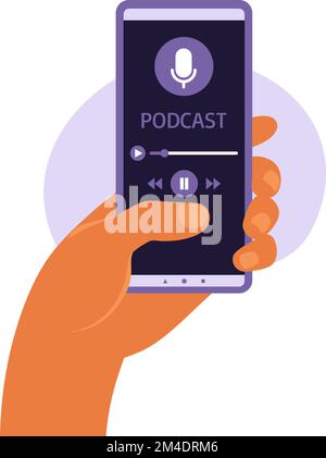 Cell phone app with podcast on screen smartphone. Smartphone in hand flat vector illustration. Man listening to podcast or online course. Stock Vector