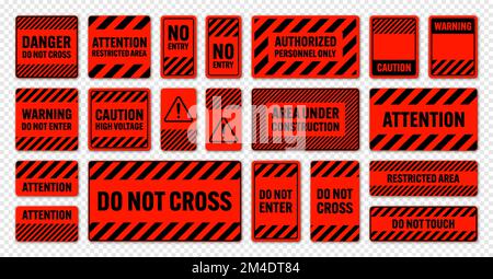 Various black and red warning signs with diagonal lines. Attention, danger or caution sign, construction site signage. Realistic notice signboard Stock Vector