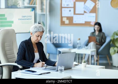 Side view portrait of senior woman as female boss sitting at workplace in office and using laptop, copy space Stock Photo