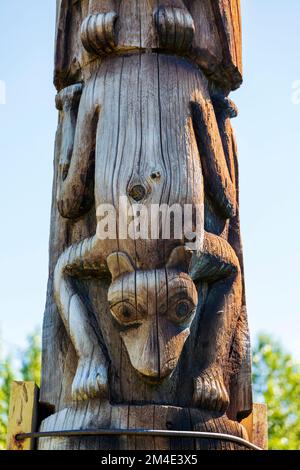 Hand carved cedar totem poles; Gitanyow - Kitwancool Historic Village & Interpretive Center; Gitanyow; British Columbia; Canada Stock Photo