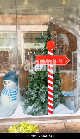 North Pole Post Office sign in shop window, St. Christopher's Place, St. Albans, Hertfordshire UK Stock Photo