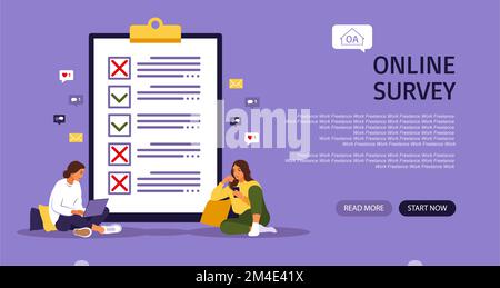 Survey of customer satisfaction. Piece of paper with ticks and crosses. Landing page. Small people characters fill out a form. Vector illustration Stock Vector