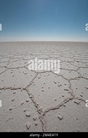 details of the cracked desert floor on a sunny day, landscape with horizon between earth and sky, wallpaper without people Stock Photo