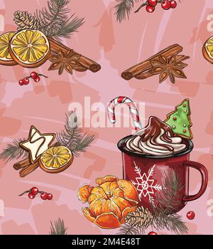 seamless patterns Cup of hot chocolate or coffee decorated with cookies and marshmallows, cream and orange, vector illustration, for design, print, fa Stock Vector