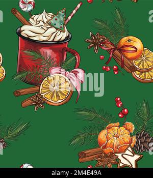seamless patterns Cup of hot chocolate or coffee decorated with cookies and marshmallows, cream and orange, vector illustration, for design, print, fa Stock Vector
