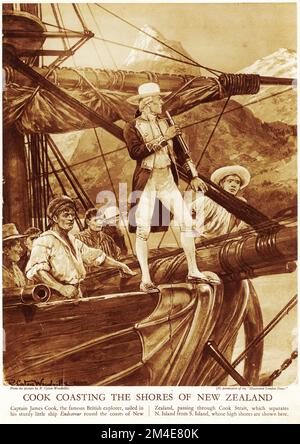 Halftone of Captain James Cook coasting the shores of New Zealand, wearing a very fanciful hat! From an educational publication in 1927. Cook made three visits to New Zealand in the 1700s Stock Photo
