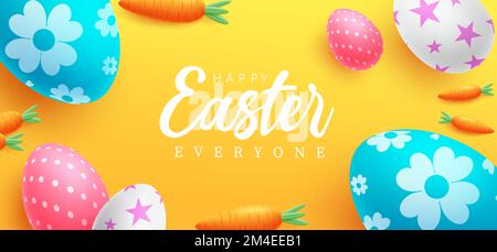 Happy easter eggs vector design. Easter greeting text with pattern egg decoration elements for holiday celebration background. Vector Illustration. Stock Vector