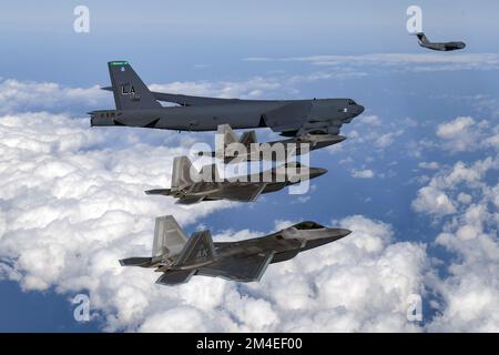 Gunsan, South Korean. 20th Dec, 2022. A U.S. B-52 bomber, C-17 and South Korean Air Force F-35 fighter jets fly over the Korean Peninsula during a joint air power drill in South Korea, Tuesday, Dec. 20, 2022. South Korea's Defense Ministry said in a statement that, South Korea, US conducted combined air drills involving US B-52H strategic bomber, F-22 stealth fighters. Photo by South Korean Defense Ministry/UPI. Credit: UPI/Alamy Live News Stock Photo