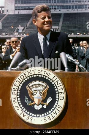 President John F Kennedy's speeking at Rice University, in which he announced that the USA would attempt to land on the moon. Stock Photo