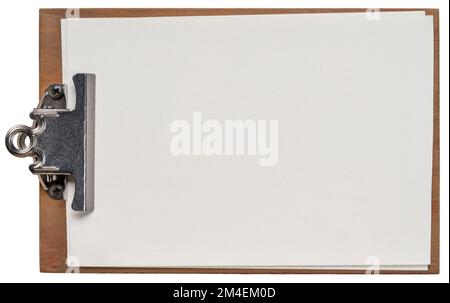 wooden clipboard with blank sheets of paper isolated on white Stock Photo