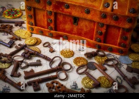 Treasure Chest And Old Skeleton Keys Still Life Stock Photo