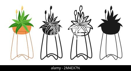 Potted house plant with flower cartoon icon set. Leaf houseplant in flowerpot ceramic doodle, line icon or silhouette collection. Modern boho home plant in pot interior natural trendy decor vector Stock Vector