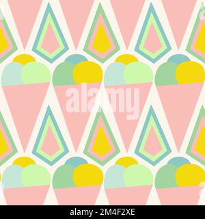 Hand drawn seamless pattern of pink pastel ice cream cone in mid century style. 60s 70s retro vintage sweet food summer fabric print, cute colorful design with funny dessert drawing Stock Photo