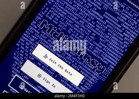 Vancouver, CANADA - Dec 18 2022 : Website of Midjourney seen in an iPhone screen. Midjourney is a research lab that produces a proprietary AI program Stock Photo