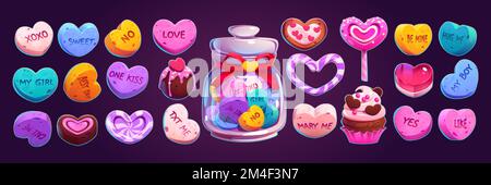 Candy hearts, Valentines day sweets in shape of love symbol. Cute conversation candies, lollipop, chocolate cake, cookie and glass jar with sweet hearts, vector cartoon illustration Stock Vector