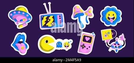 Retro acid psychedelic stickers. Abstract patches with mushrooms, flower, ufo, mouth with tongue, tv set and gameboy, vector cartoon illustration in y2k style Stock Vector