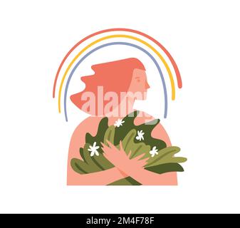 Mental health icon, the concept of psychological balance, helping teenagers, a happy girl with a rainbow and flowers, a symbol of a prosperous life. V Stock Vector