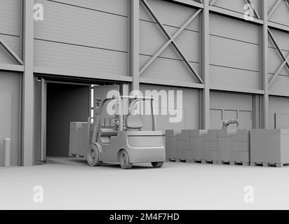 Electric forklift loading goods to truck. AGV robot and cardboard boxes ...