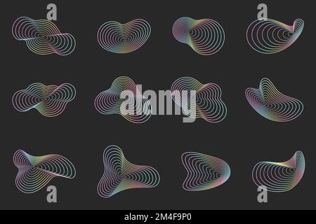 Abstract topography circles. Organic neon colored texture shapes. Vector outline holographic illustrations set. Stock Vector