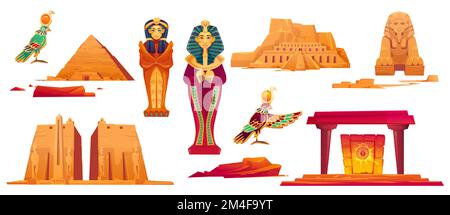 Ancient Egypt landmarks. Vector icons set of sculptures of egyptian gods, sphinx, pyramid and golden sarcophagus of pharaoh and queen. Historical temples and obelisk isolated on white background Stock Vector