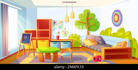 Kids bedroom, empty child room indoors interior with bed, montessori toys, wooden furniture, shelves and equipment for games and studying, blackboard and desk, cozy place Cartoon vector illustration Stock Vector