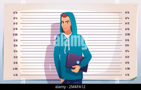 Cyber crime, hacker mugshot. IT criminal teenager with laptop stand on measuring height scale background in police station. Man in hoody posing for identification mug shot Cartoon vector illustration Stock Vector