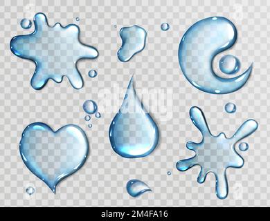 Water spills isolated on transparent background. Vector realistic set of liquid puddles in shape of heart, blob and Yin Yang, clear water drops, pure aqua flows top view Stock Vector