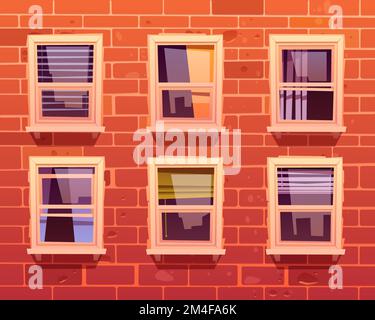 Brick wall and windows with white frame. Residential or office building facade. Vector cartoon illustration of house front with open and closed glass windows with curtains and blind inside Stock Vector