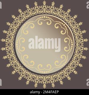 Round vbrown and golden round ector frame with floral elements and arabesques. Pattern with arabesques. Fine greeting card Stock Vector