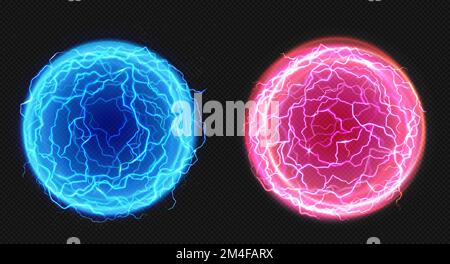 Electric balls, lightning circle strike, plasma spheres in blue and pink colors. Powerful electrical discharge, magical energy flash isolated on transparent background Realistic 3d vector illustration Stock Vector