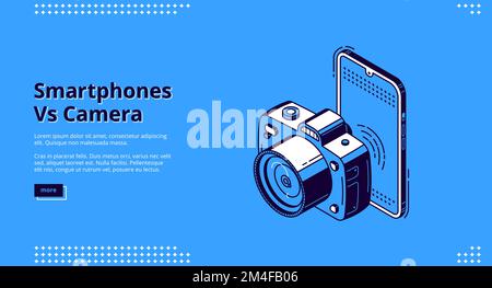 Smartphones vs camera banner. Competition mobile photo versus dslr photography. Vector background with isometric illustration of mobile phone and camera. Concept of choice digital device for shoot Stock Vector