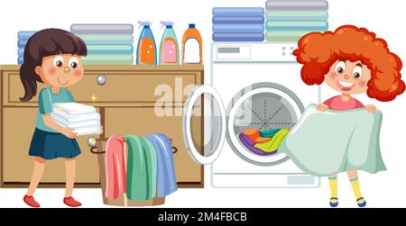 Two kids doing laundry with washing machine illustration Stock Vector