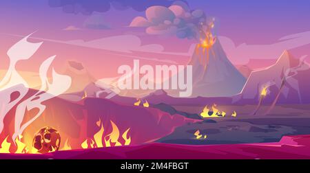 Jurassic period landscape with erupted volcano and fallen meteor. Vector cartoon illustration of prehistoric Earth surface with meteorite crater, fire, lava flows and smoke Stock Vector