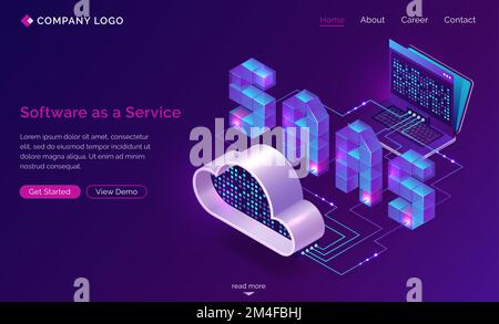 Saas, software as a service isometric landing page. Technology for using digital computer programs via internet access and subscription system. Laptop connected with cloud storage 3d vector web banner Stock Vector