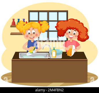 Two kids washing dishes together illustration Stock Vector