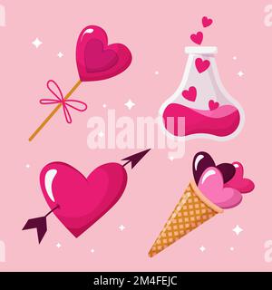 cute cartoon valentines day elements ice cream heart with arrow love drink and heart shaped lollipop Stock Vector